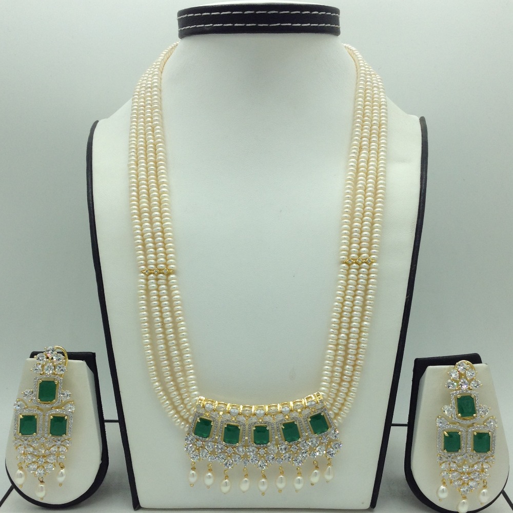 White,Green CZ Pendent Set With 4 Line Pearls Mala JPS0767