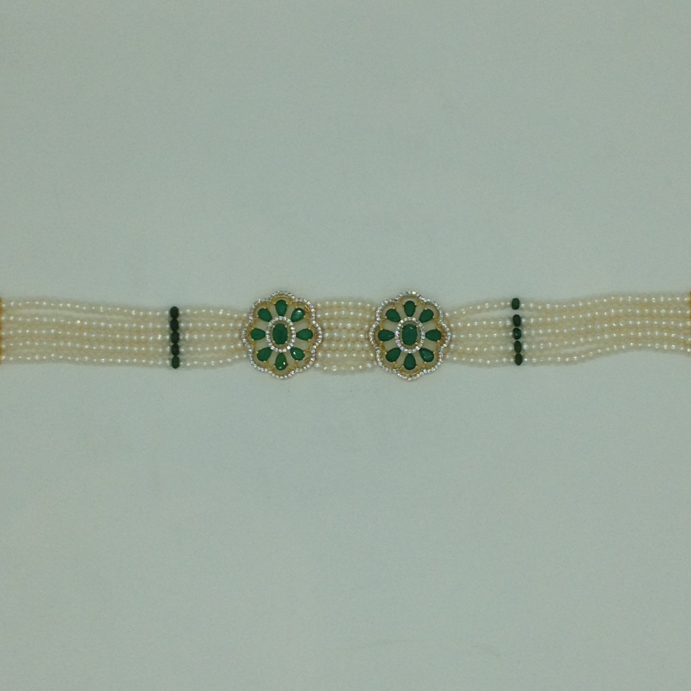 White,Green CZ Choker Set With 5 Line Pearls Mala JPS0766