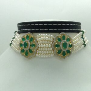 White,Green CZ Choker Set With 5 Line Pearls Mala JPS0766