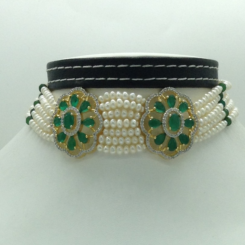 White,Green CZ Choker Set With 5 Line Pearls Mala JPS0766