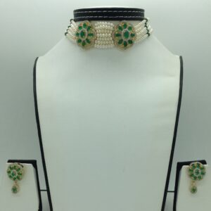 White,Green CZ Choker Set With 5 Line Pearls Mala JPS0766