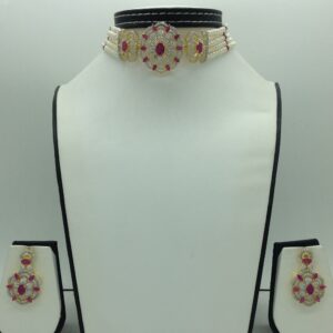 White,Red CZ Choker Set With 5 Line Pearls Mala JPS0765