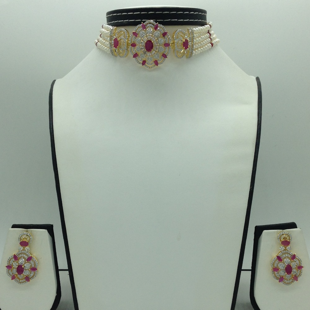 White,Red CZ Choker Set With 5 Line Pearls Mala JPS0765