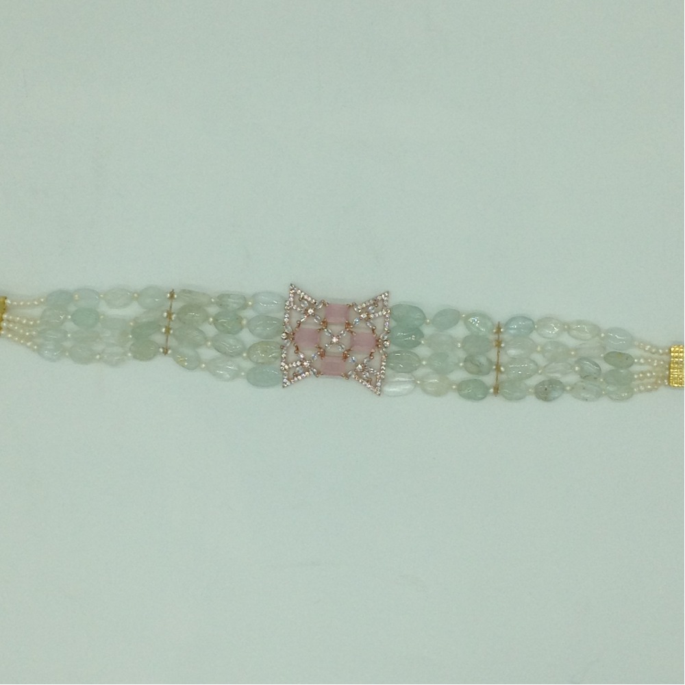 White,Pink CZ Choker Set With 4 Line Green Semi Mala JPS0764