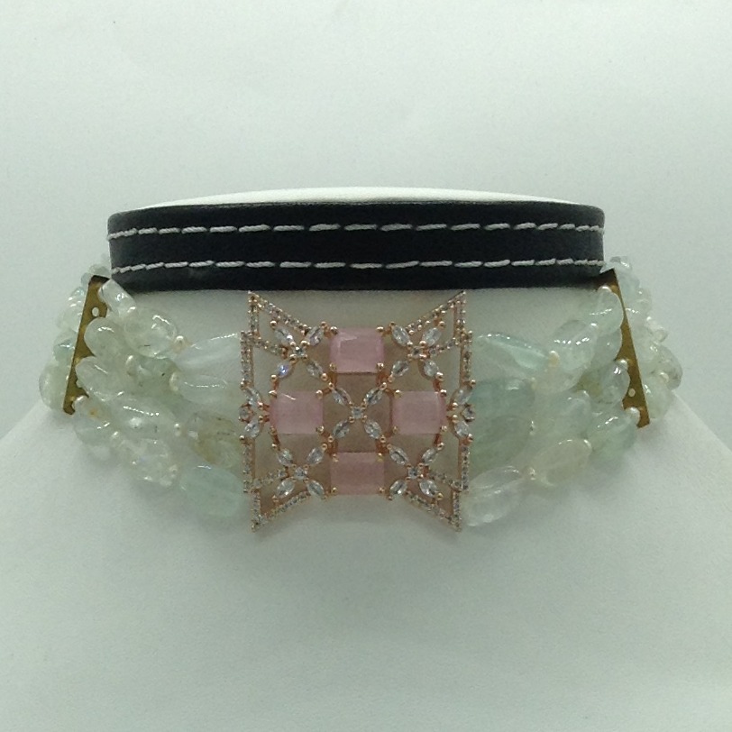 White,Pink CZ Choker Set With 4 Line Green Semi Mala JPS0764