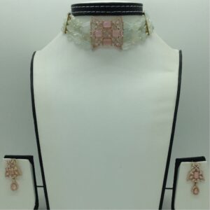 White,Pink CZ Choker Set With 4 Line Green Semi Mala JPS0764