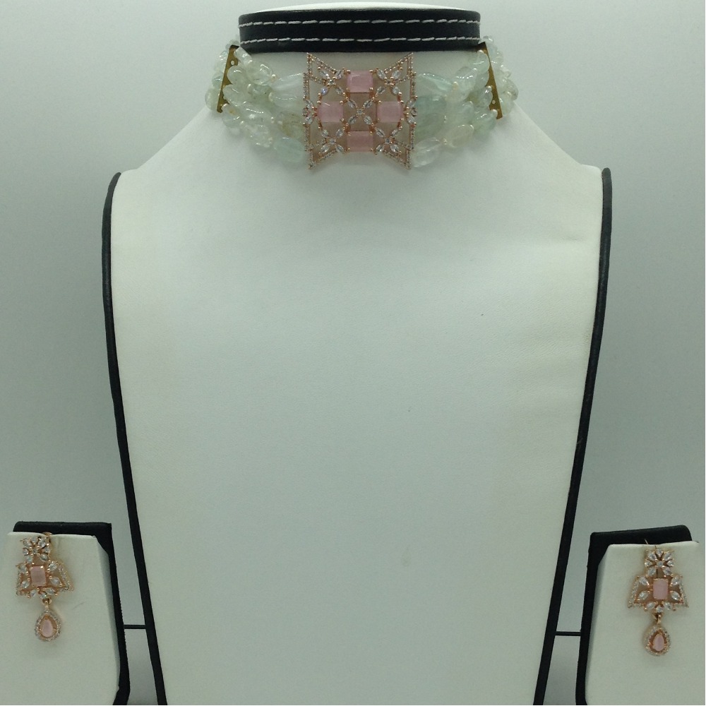 White,Pink CZ Choker Set With 4 Line Green Semi Mala JPS0764
