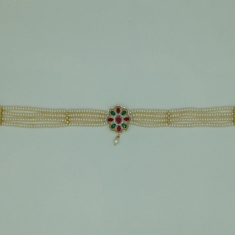 Multicolour CZ Choker Full Set With 4 Line Flat Pearls Mala JPS0760 - Image 4