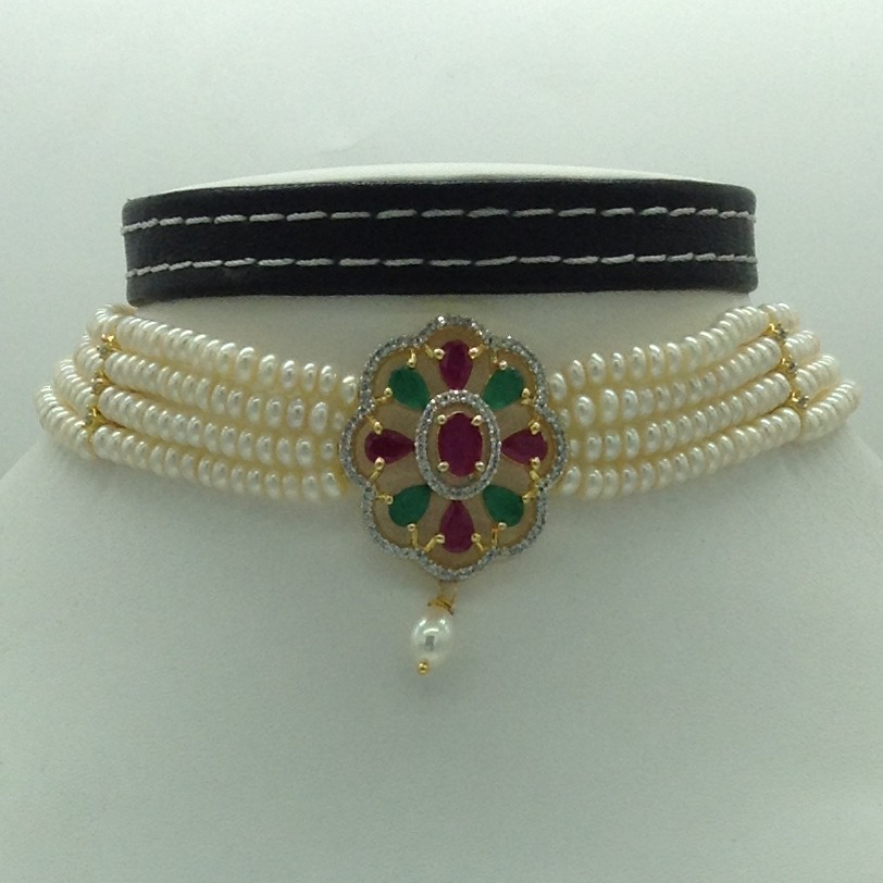 Multicolour CZ Choker Full Set With 4 Line Flat Pearls Mala JPS0760 - Image 2