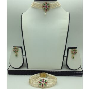 Multicolour CZ Choker Full Set With 4 Line Flat Pearls Mala JPS0760