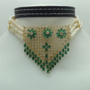 White,Green CZ Jhalar Choker Set With 3 Line Flat Pearls Mala JPS0759