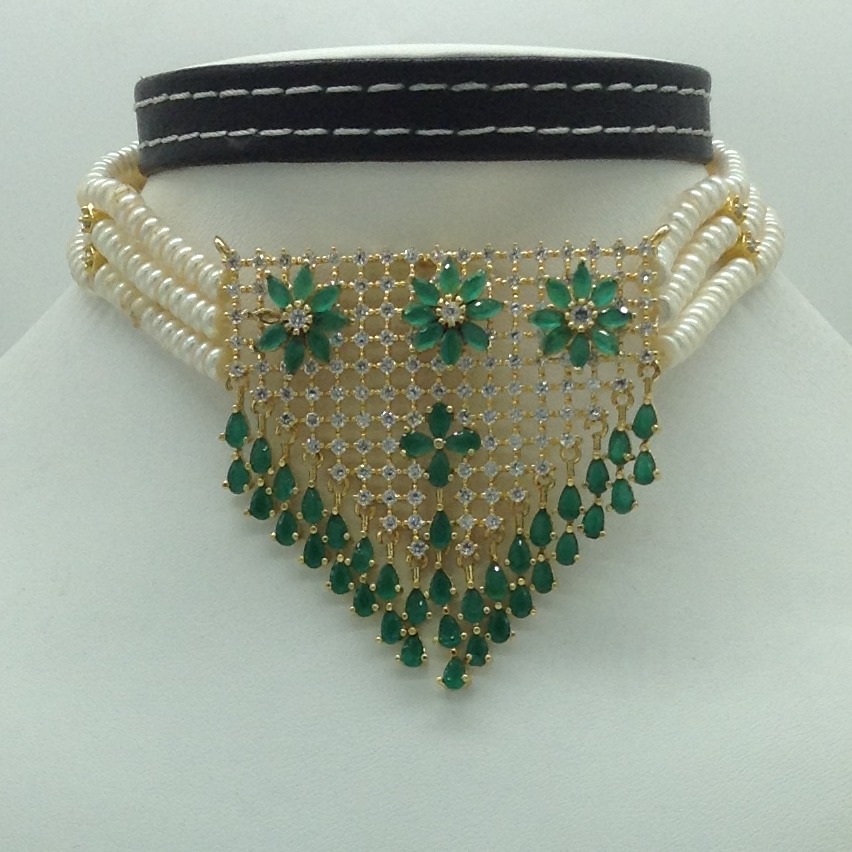 White,Green CZ Jhalar Choker Set With 3 Line Flat Pearls Mala JPS0759