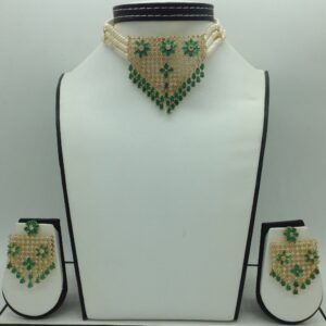 White,Green CZ Jhalar Choker Set With 3 Line Flat Pearls Mala JPS0759