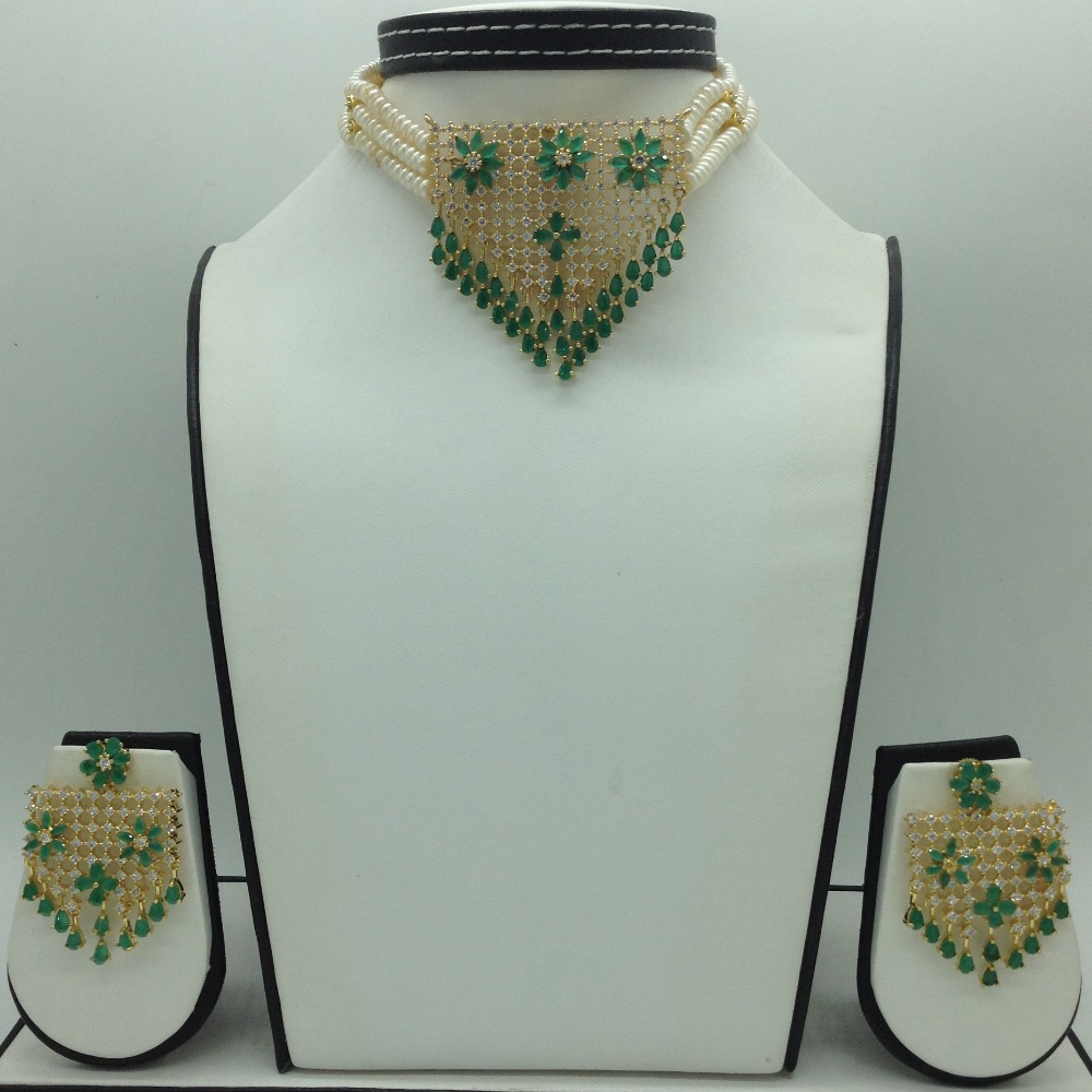White,Green CZ Jhalar Choker Set With 3 Line Flat Pearls Mala JPS0759