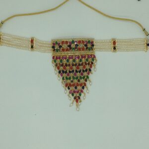 Navratan Jhalar Choker Set With 4 Line Flat Pearls Mala JPS0758