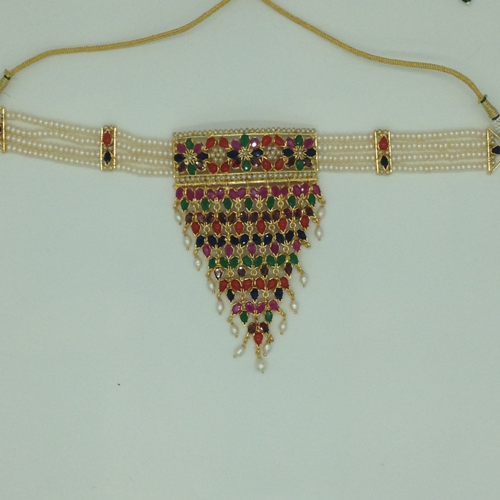 Navratan Jhalar Choker Set With 4 Line Flat Pearls Mala JPS0758