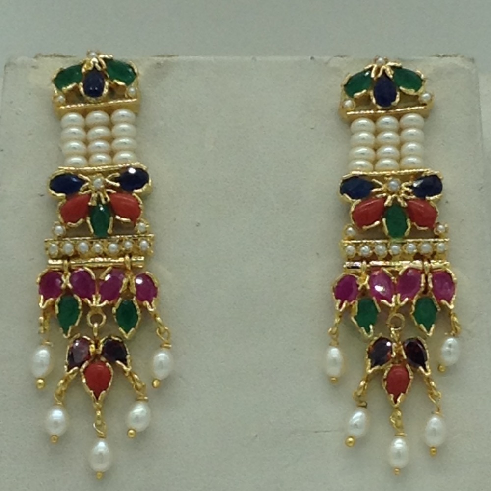 Navratan Jhalar Choker Set With 4 Line Flat Pearls Mala JPS0758