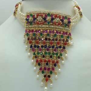 Navratan Jhalar Choker Set With 4 Line Flat Pearls Mala JPS0758