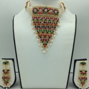 Navratan Jhalar Choker Set With 4 Line Flat Pearls Mala JPS0758