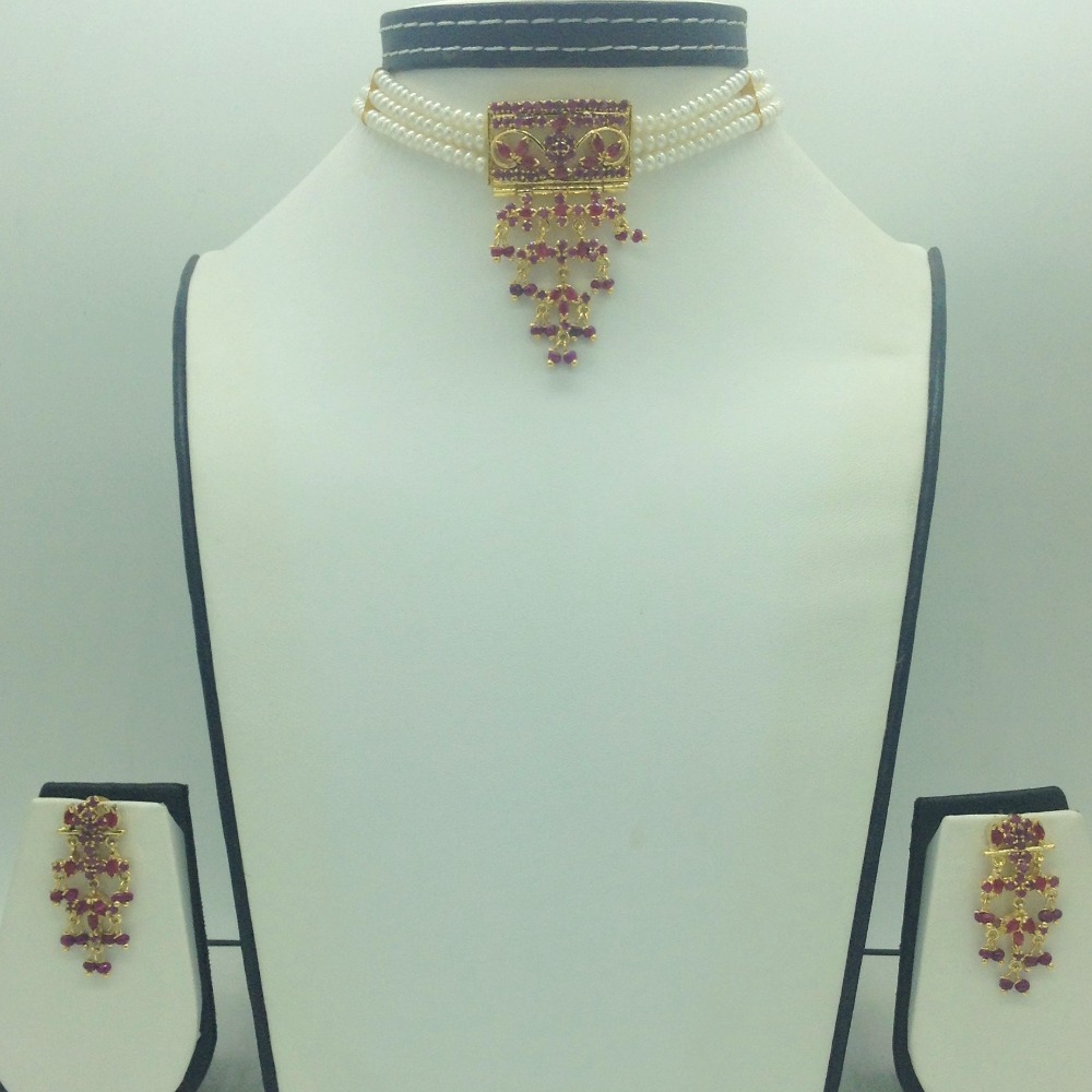 Red CZ Jhalar Choker Set With 3 Line Flat Pearls Mala JPS0757