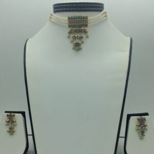 Red,Green CZ Jhalar Choker Set With 3 Line Flat Pearls Mala JPS0756