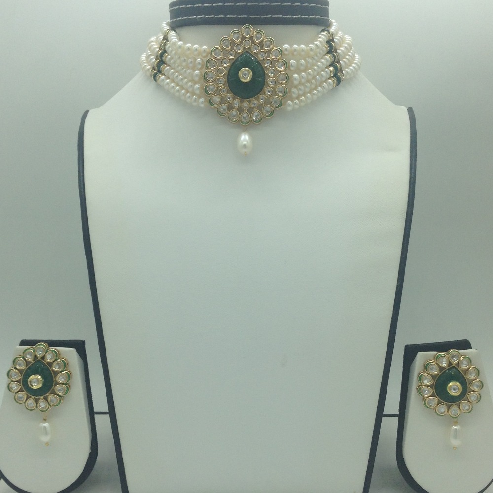 Kundan choker set with 5 line flat pearls mala jps0755