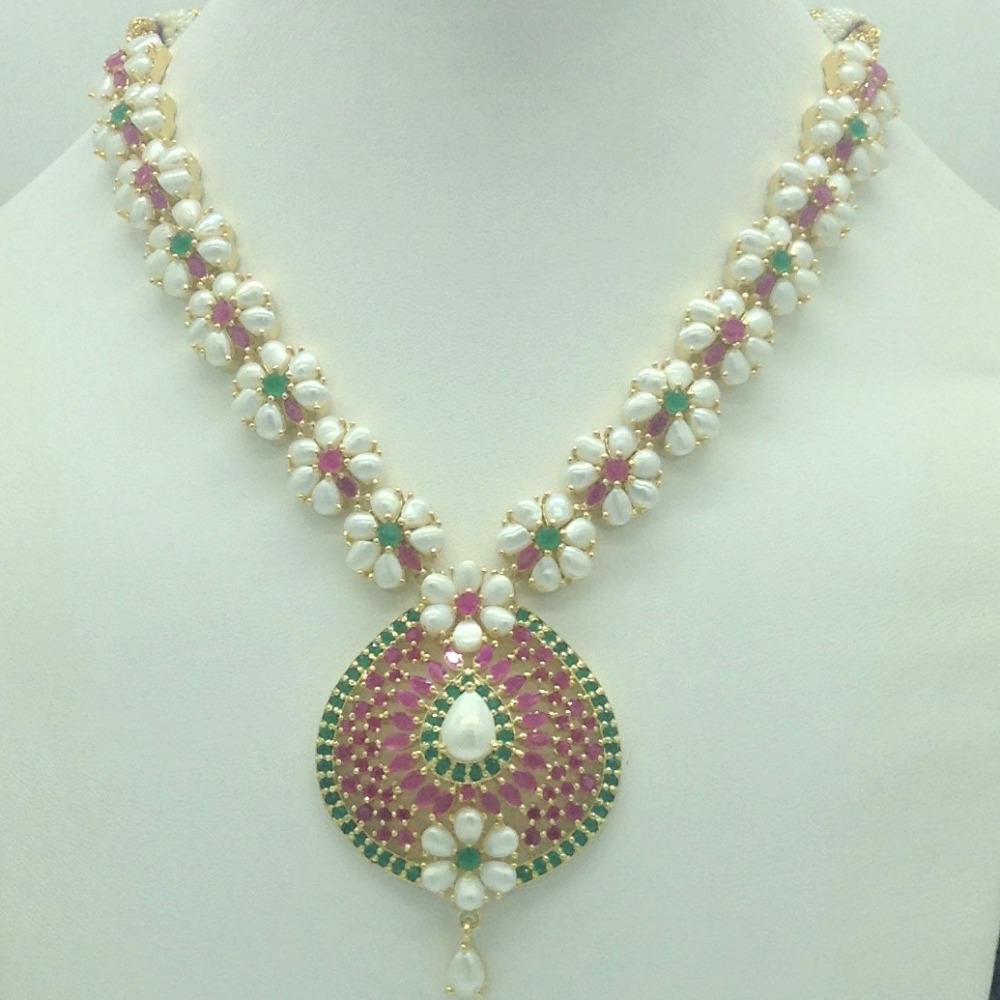 Red,Green Cz and Pearls Necklace Set JNC0198 - Image 2