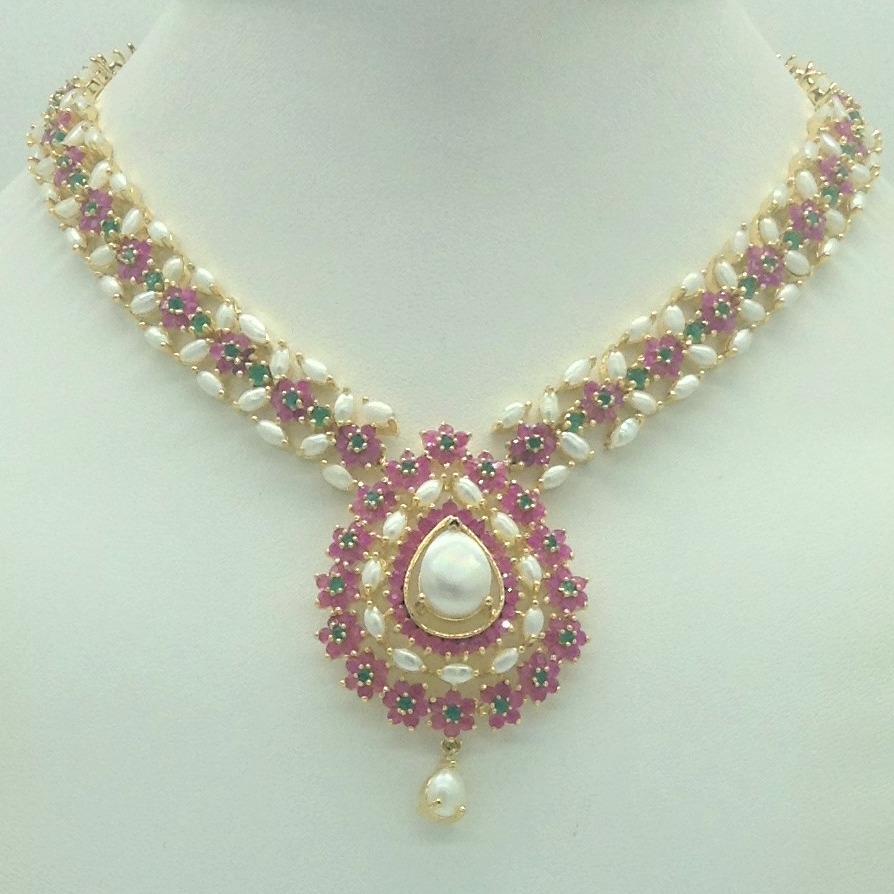 Red,Green Cz and Pearls Necklace Set JNC0197 - Image 2
