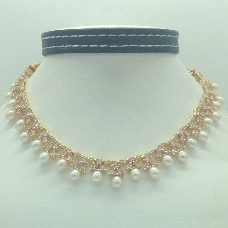 White,Pink Cz and Pearls Necklace Set JNC0194 - Image 2