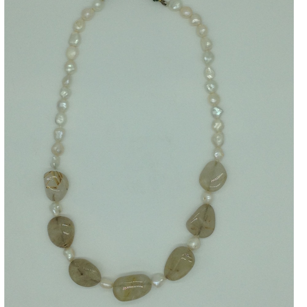 White Pearls with Rutile Oval Beeds 1 Layers Mala JPM0496