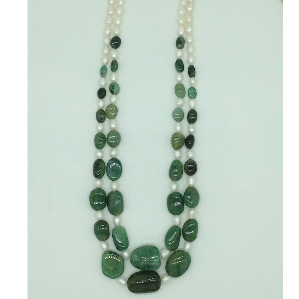 White Pearls with Green Emeralds Oval 2 Layers Neckalce JPM0494