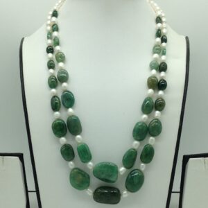 White Pearls with Green Emeralds Oval 2 Layers Neckalce JPM0494