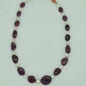 White Pearls with Red Ruby Oval Beeds 1 Layers Mala JPM0493