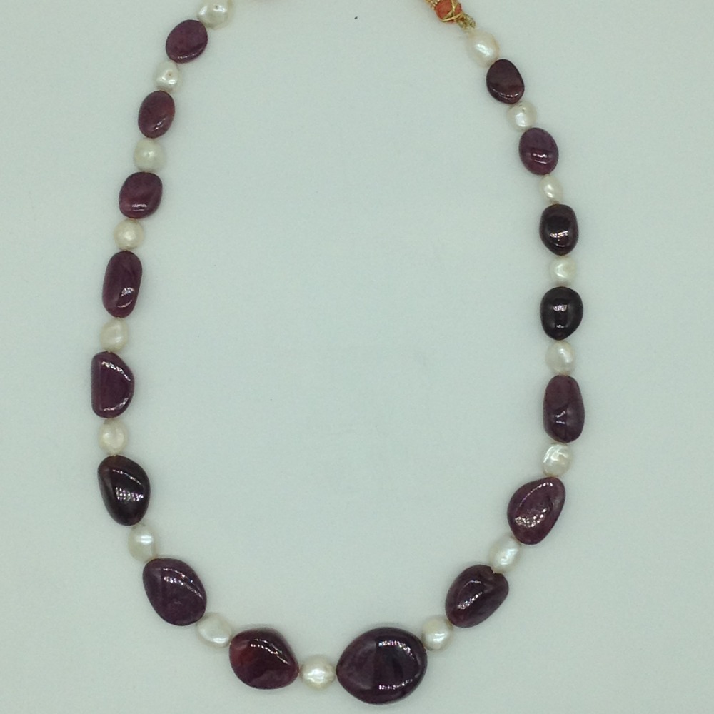 White Pearls with Red Ruby Oval Beeds 1 Layers Mala JPM0493