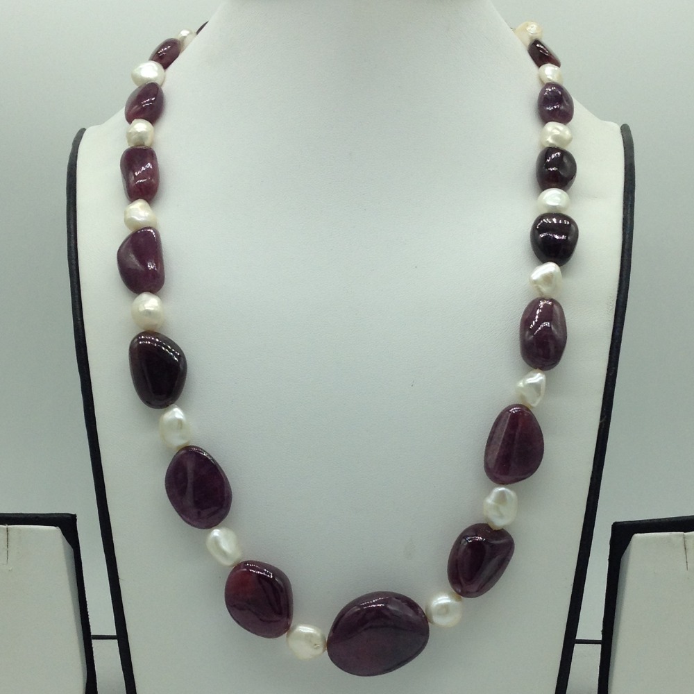 White Pearls with Red Ruby Oval Beeds 1 Layers Mala JPM0493