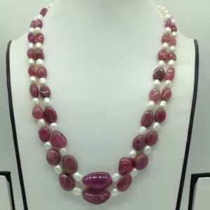 White Pearls With Red Ruby Oval 2 Layers Necklace JPM0492