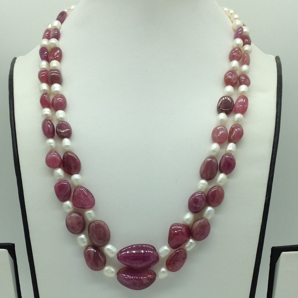 White Pearls With Red Ruby Oval 2 Layers Necklace JPM0492