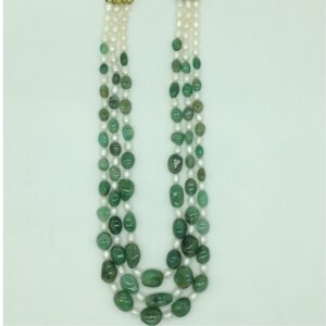 White Pearls with Green Emeralds Oval 3 Layers Necklace JPM0491