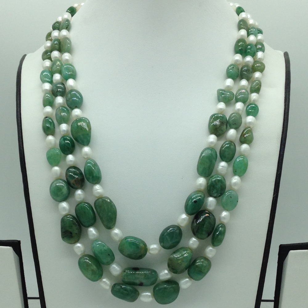 White Pearls with Green Emeralds Oval 3 Layers Necklace JPM0491