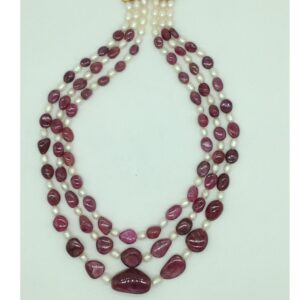 White Pearls with Red Ruby Oval 3 Layers Necklace JPM0490