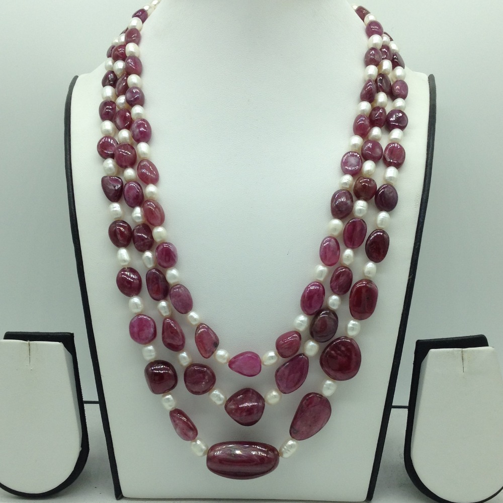 White Pearls with Red Ruby Oval 3 Layers Necklace JPM0490