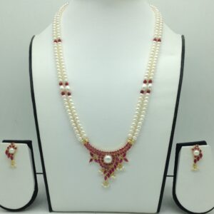 Red Cz Pendent Set With 2 Line Flat Pearls Mala JPS0746