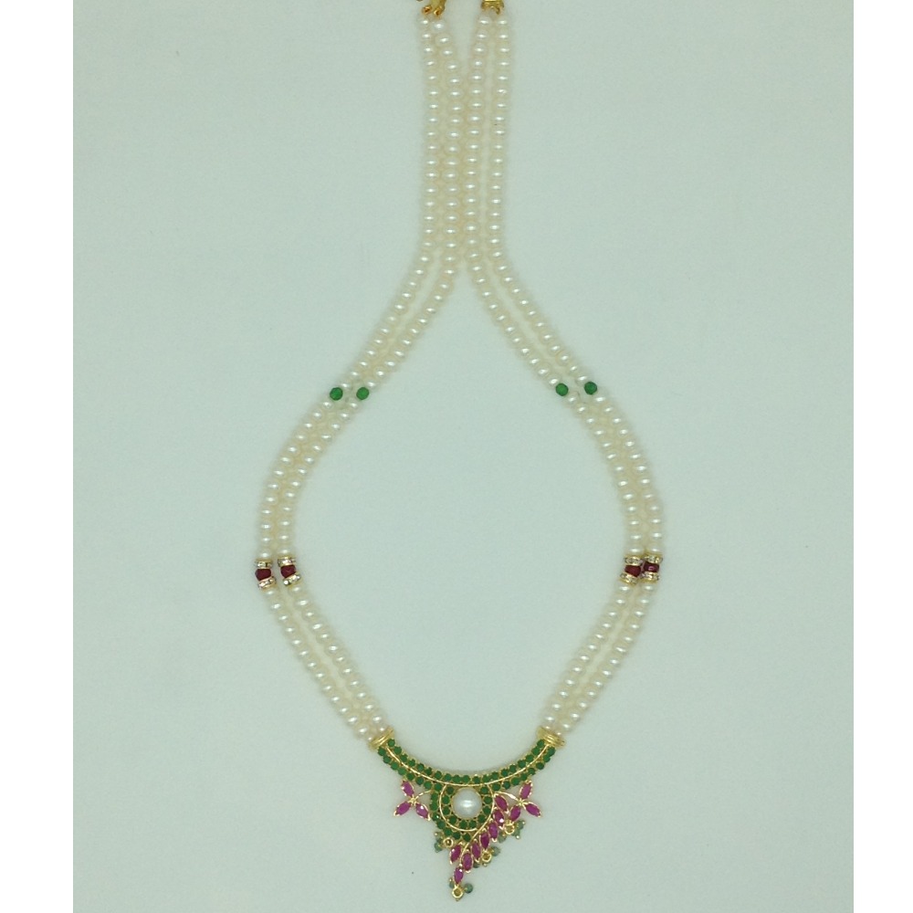 Green,Red CZ Pendent Set With 2 Line Flat Pearls Mala JPS0743 - Image 4