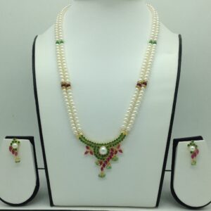 Green,Red CZ Pendent Set With 2 Line Flat Pearls Mala JPS0743
