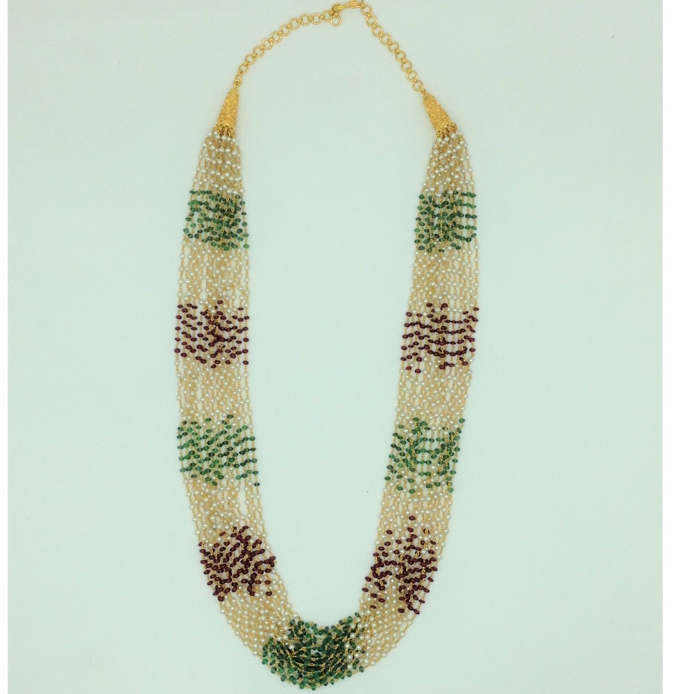 Round Pearls with Ruby,Emeralds 15 Lines Gold Taar Necklace JGT0032
