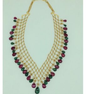 Round Pearls with Ruby,Emeralds Gold Taar Necklace JGT0031
