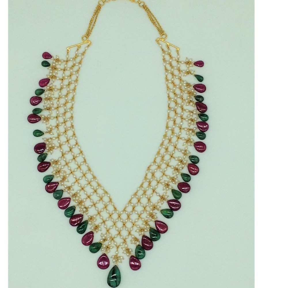 Round Pearls with Ruby,Emeralds Gold Taar Necklace JGT0031