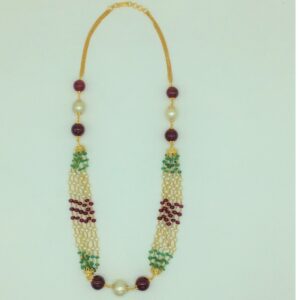 Freshwater Round Pearls with Ruby,Emeralds Gold Taar Necklace JGT0029