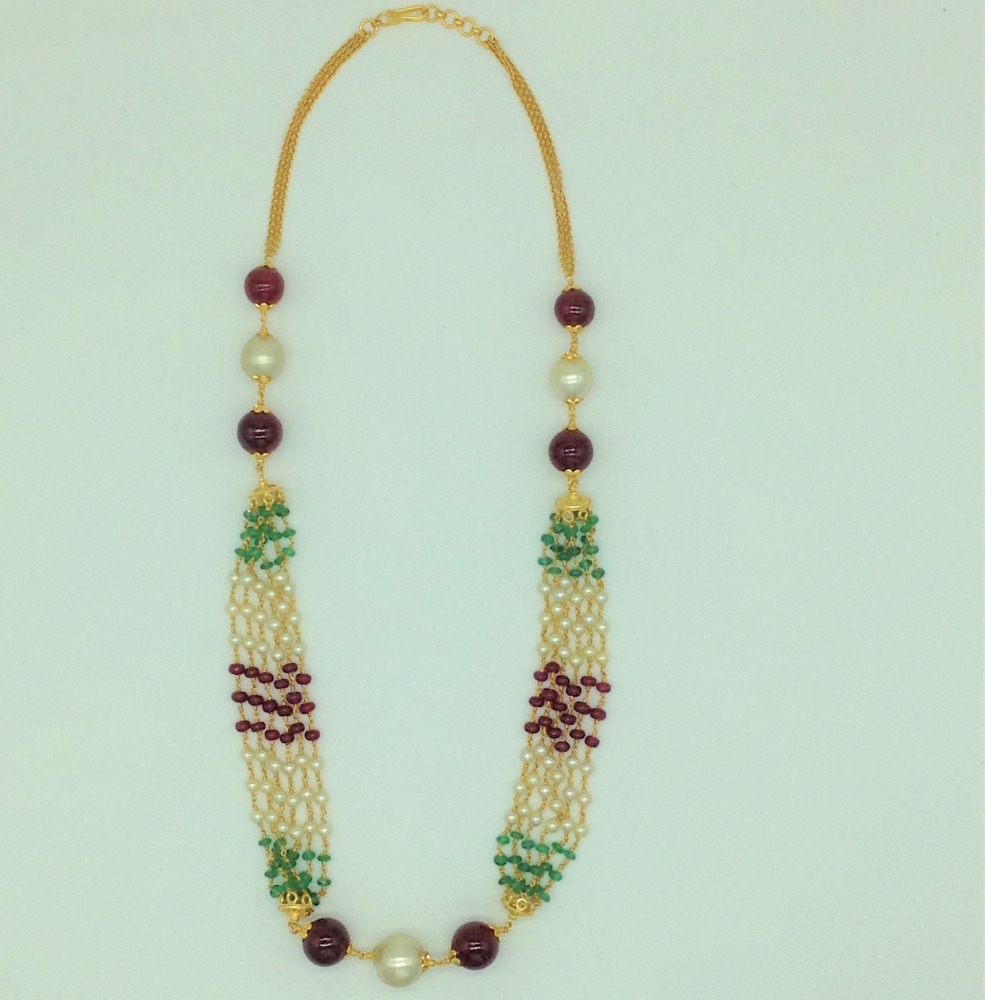 Freshwater Round Pearls with Ruby,Emeralds Gold Taar Necklace JGT0029