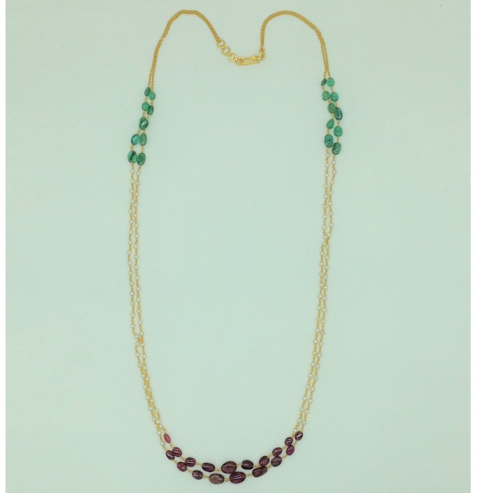 Round Pearls with Ruby, Emeralds Gold Taar Necklace Set JGT0026